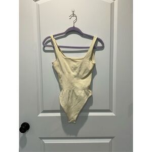 OQQ Light Yellow Ribbed Square Neck Bodysuit Size Small